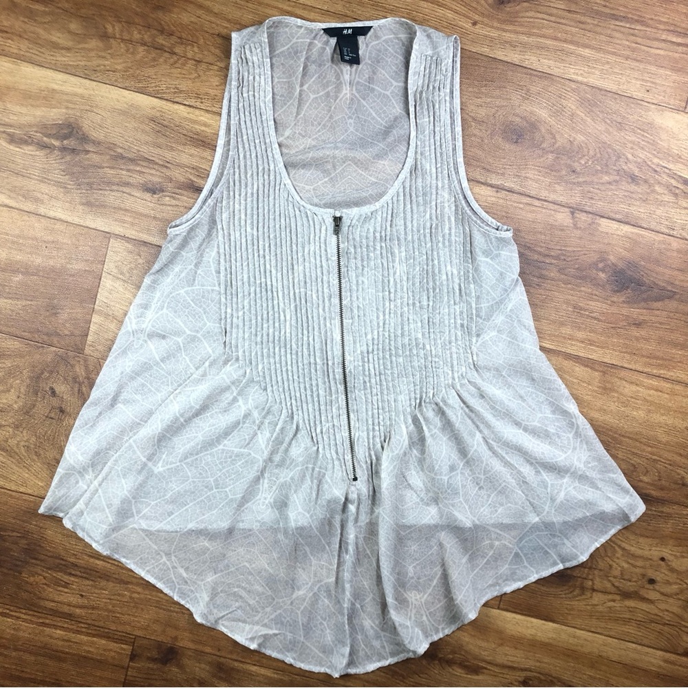 H&M Beige ‘Leaf’ Print Sheer Sleeveless Blouse Shirt